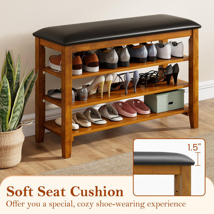 Dreamade 4-Tier Shoe Rack Bench | Rubber Wood Entryway Bench with Adjustable Shelves