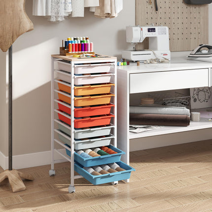 Dreamade 10-Drawer Rolling Storage Cart Mobile Utility Organizer with Wooden Tabletop and Lockable Wheels