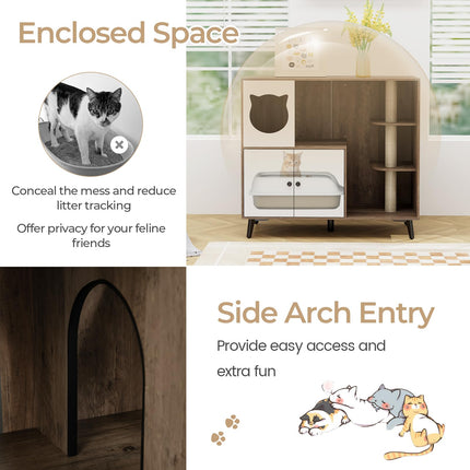 Dreamade Cat Litter Box Enclosure - Wooden Cat House Washroom Hidden Furniture with Cat Tree