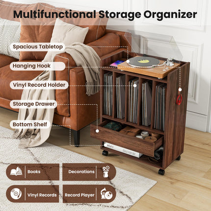 Dreamade Record Player Stand, Rolling Turntable Stand with Drawer, Hook & Lockable Wheels