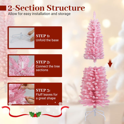 Dreamade 5ft / 6ft Pink Slim Pencil Christmas Tree | Snow Flocked Skinny Xmas Full Tree