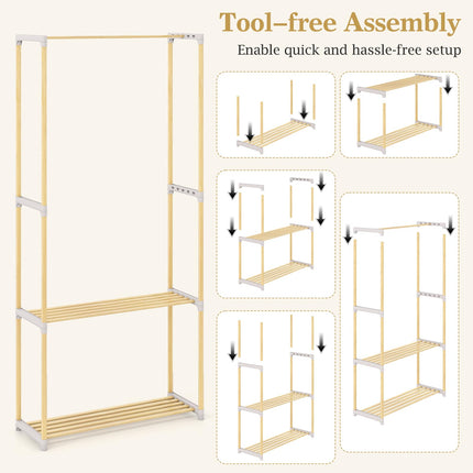 Dreamade Pine Wood Clothes Rack with 2-Tier Open Storage Shelf for Hanging Clothes
