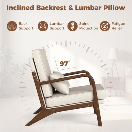 Dreamade Mid Century Modern Accent Chair, Upholstered Armchair with Pillow, Rubber Wood Armrests & Legs