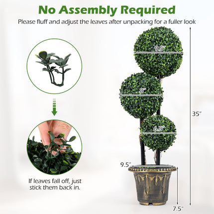 Dreamade 3 FT Artificial Boxwood Topiary Tree Sun-Protective Triple Ball Fake Plants Shrubs (1/2 Pack)