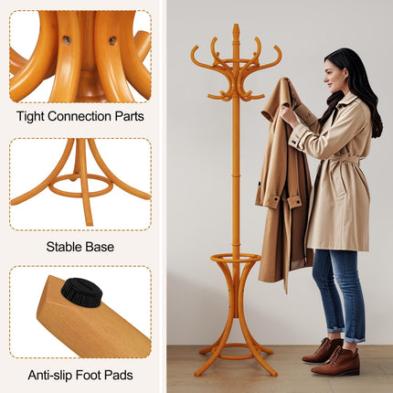 Dreamade Solid Wood Coat Rack, Freestanding Hall Tree w/12 Hooks, Umbrella Holder, Entryway Hanger Stand for Coat