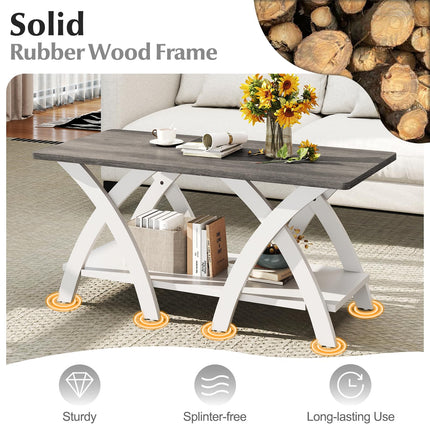 Dreamade Farmhouse Coffee Table 2-Tier Wood Center Table with Storage Shelf & X-Shaped Support Legs