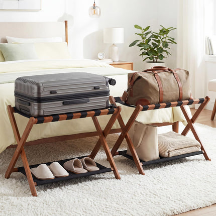 Dreamade Folding Luggage Rack | Solid Rubber Wood Suitcase Stand with Storage Shelves