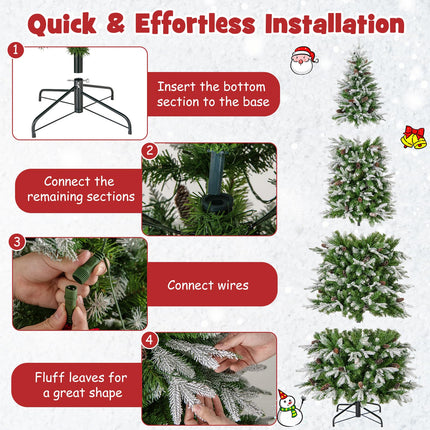 Dreamade 9 FT Pre-Lit Pencil Christmas Tree, Artificial Snow Flocked Hinged Fake Slim Xmas Tree with 470 Warm-White LED Lights