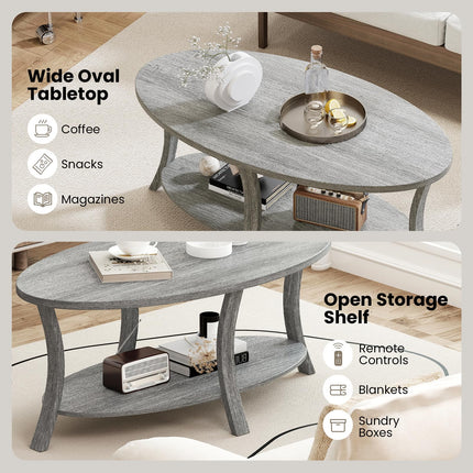 Dreamade 44 Inch Oval Coffee Table 2-Tier Center Table with Storage Shelf & Rubber Wood Frame
