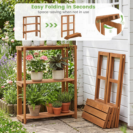 Dreamade 3-Tier Foldable Solid Wood Indoor Outdoor Flower Pot Display Rack