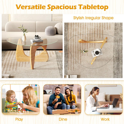 Dreamade Triangle Glass Coffee Table, Solid Wood Tea Table with Tempered Glass Top & Adjustable Base