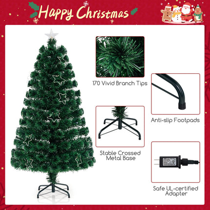 Dreamade 5ft Pre-Lit Fiber Optic Christmas Tree, Artificial Lighted Xmas Tree with 24 Warm-White Shape-Adjustable Star String Lights