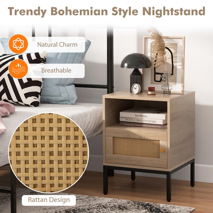 Dreamade Rattan Nightstand, Boho Night Stand with Open Storage Shelf & Rattan Decorative Door