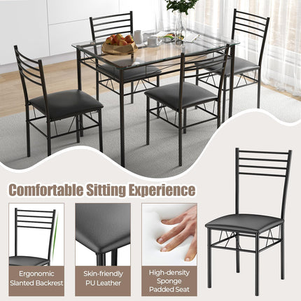 Dreamade 5 Piece Dining Table Set, Kitchen Dining Set with Tempered Glass Table Top and 4 Upholstered Chairs (Black)