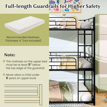 Dreamade Metal Full Over Full Over Full Bunkbeds with Safety Guardrails & 2 Ladders