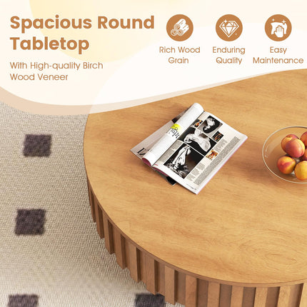 Dreamade Round Coffee Table with Storage | Modern Drum Fluted Center Table with Solid Wood Veneered