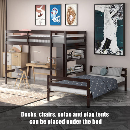 Dreamade Twin Over Twin Loft Bed w/ Bookcase, Bunk Bed w/ 12.5" Full-Length Guardrail & Ladder