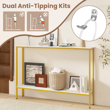 Dreamade Gold Console Table with Shelf, 44" Narrow Entryway Table w/Dual Anti-Tipping Kits & Golden Metal Frame