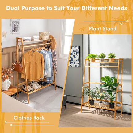 Dreamade 3 Tier Bamboo Clothing Rack with Shelves, Heavy Duty Freestanding Clothes Organizer Rack with Coat Hooks