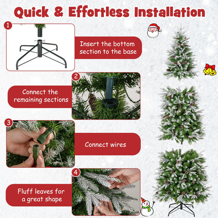 Dreamade 7.5 FT Pre-Lit Pencil Christmas Tree, Artificial Snow Flocked Hinged Fake Slim Xmas Tree with 350 Warm-White LED Lights