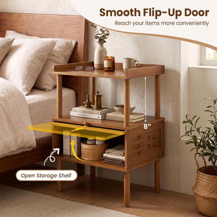 Dreamade Boho Bamboo Rattan Nightstand w/Flip-Up Door & Rasied Edge