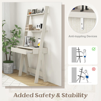 Dreamade 3 Tier Ladder Desk with Drawer, 33’’ Width Ladder Shelf with Anti-tipping Device, Freestanding Bookshelf