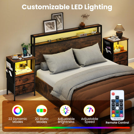 Dreamade Night Stand with Charging Station | LED Sofa End Table w/2 Folding Fabric Drawers