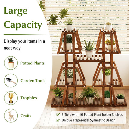 Dreamade Wood Plant Stand, 5-Tier 10 Potted Trapezoid Plant Holder Rack for Multiple Plants
