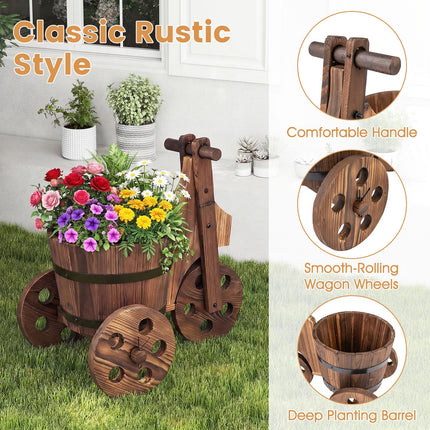 Dreamade Wooden Wagon Planter with Wheels Rustic Wood Plant Stand(Solid Wheel)