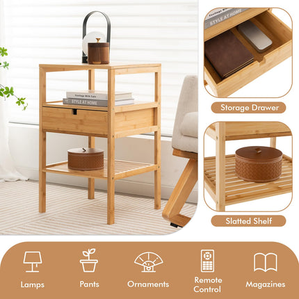 Dreamade Nightstand Set of 1/2, Bamboo End Table with Drawer and 2 Open Shelves