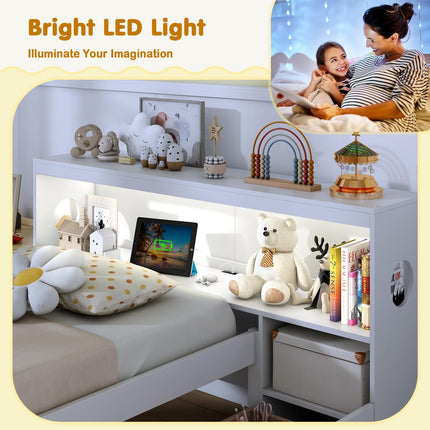 Dreamade Wood Twin Bed Frame with Storage Drawer & Headboard, Modern Platform Bed with Charging Station & LED Light