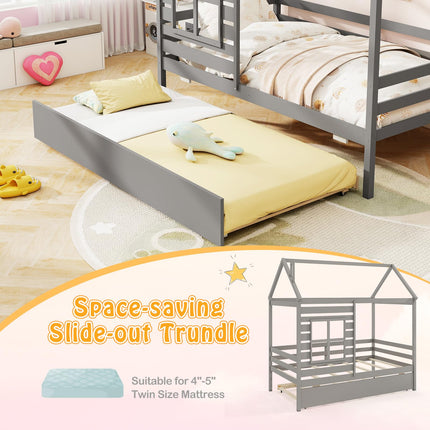 Dreamade Twin House Bed with Trundle Bed Twin, Wooden Twin Bed Frames with Roof, Chimney & Window