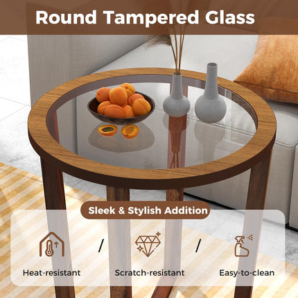 Dreamade Glass Round End Table, Sofa Side Table with Transparent Tempered Glass Top