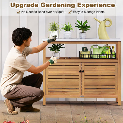 Dreamade Outdoor Potting Bench Acacia Wood Large Planting Workstation with 2-Door Storage Cabinet