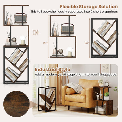 Dreamade 6-Tier Bookshelf | Industrial S-Shaped Geometric Bookcase with Open Display Shelves