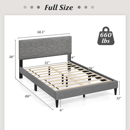 Dreamade Queen/Full/Twin Size Upholstered Bed Frame Modern Platform Bed with Linen Fabric Geometric Headboard