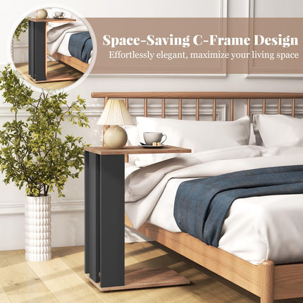 Dreamade C Shaped End Table, 2-Tier Sofa Side Table with Universal Wheels & Storage Shelf