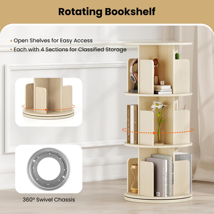 Dreamade 3-Tier Rotating Bookshelf 360° Display Rack w/Dividers & Anti-Falling Baffles
