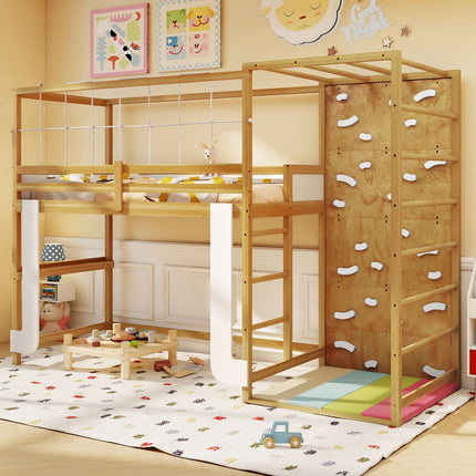 Dreamade Twin Bunk Bed with Jungle Gym Wooden Loft Bed with Climbing Ladder