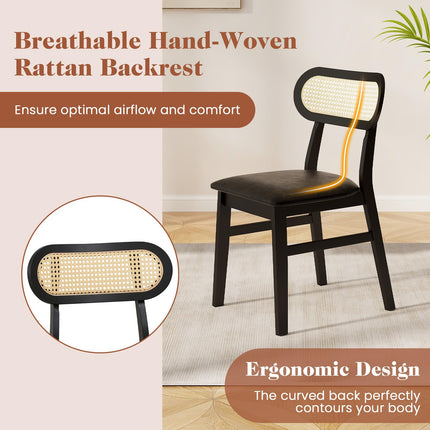 Dreamade Wooden Dining Chairs Set of 2/4, PU Leather Upholstered Kitchen Chairs w/Breathable Mesh Cane Backrest
