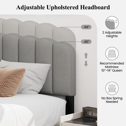 Dreamade Queen Bed Frame Linen Upholstered Platform Bed with Adjustable Scalloped Tufted Headboard