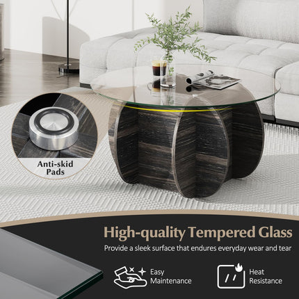 Dreamade 35" Glass Round Coffee Table with Storage Tempered Glass Top & Solid Wood Base