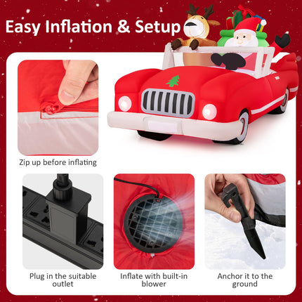 Dreamade 7.7 FT Long Lighted Xmas Inflatable Santa Claus & Reindeer Driving Red Car Gift Boxes