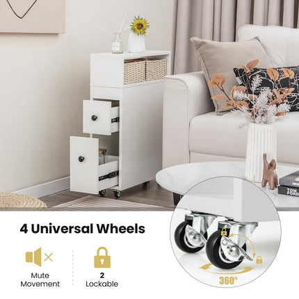 Dreamade Small Bathroom Storage Cabinet - Slim Bathroom Organizer with Wheels, 2 Drawers, 2 Baskets