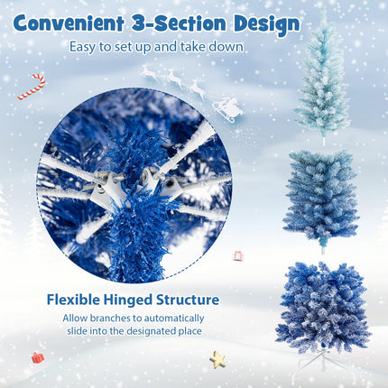 Dreamade 6 FT Blue Gradient Snow Flocked Christmas Tree, Artificial Unlit Hinged Xmas Full Tree with 435 Lush Branch Tips