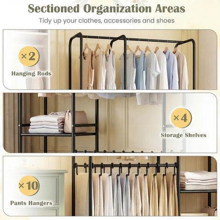 Dreamade Heavy-Duty Metal Clothing Rack with 2 Hanging Rods & 4 Storage Shelves