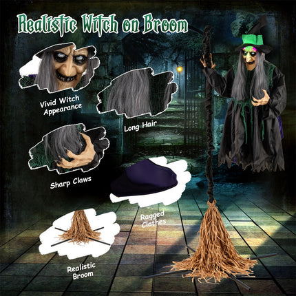 Dreamade Witch with Broomstick Halloween Animatronic, Life Size Animated Halloween Prop with Laughing and Screaming Sound