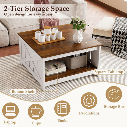 Dreamade Farmhouse Coffee Table 31 Inch Square Wood Coffee Table with Storage Shelf
