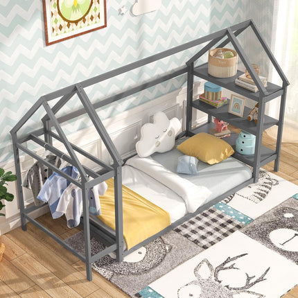 Dreamade Twin Floor Bed, Wood Montessori Floor Bed with Detachable 3 Tier Storage Bookshelf & Clothes Rack