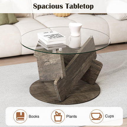 Dreamade 32inch Glass Round Coffee Table with Clear Tempered Glass Top Solid Wood Legs